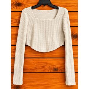 White Waffle Knit Square Neck Crop Top Curved Hem Long Sleeve Thermal Juniors L
